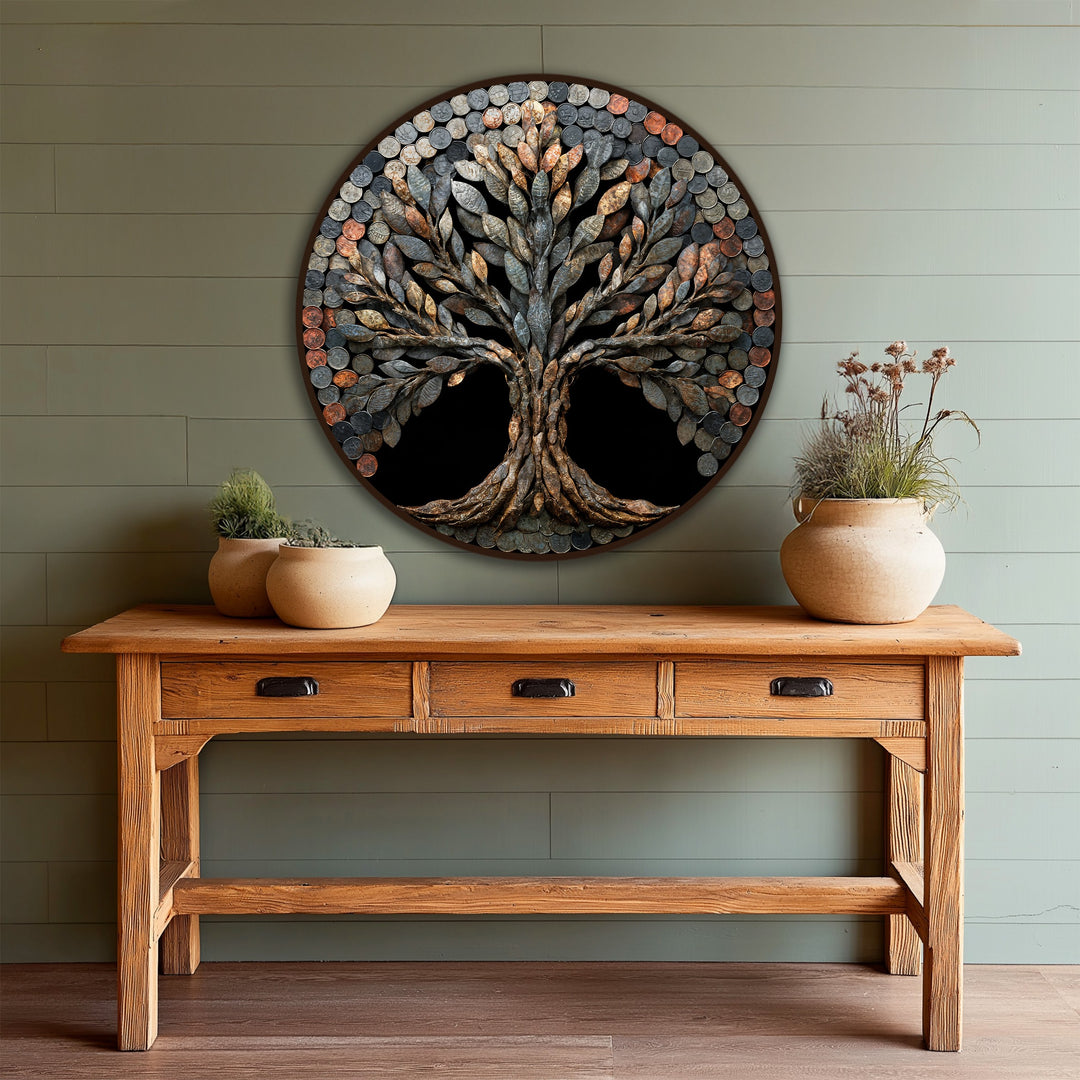 Highlighting the layering effect, this rustic oil painting reproduction print features a coin tree design with textured wooden art in a circular, rustic frame.