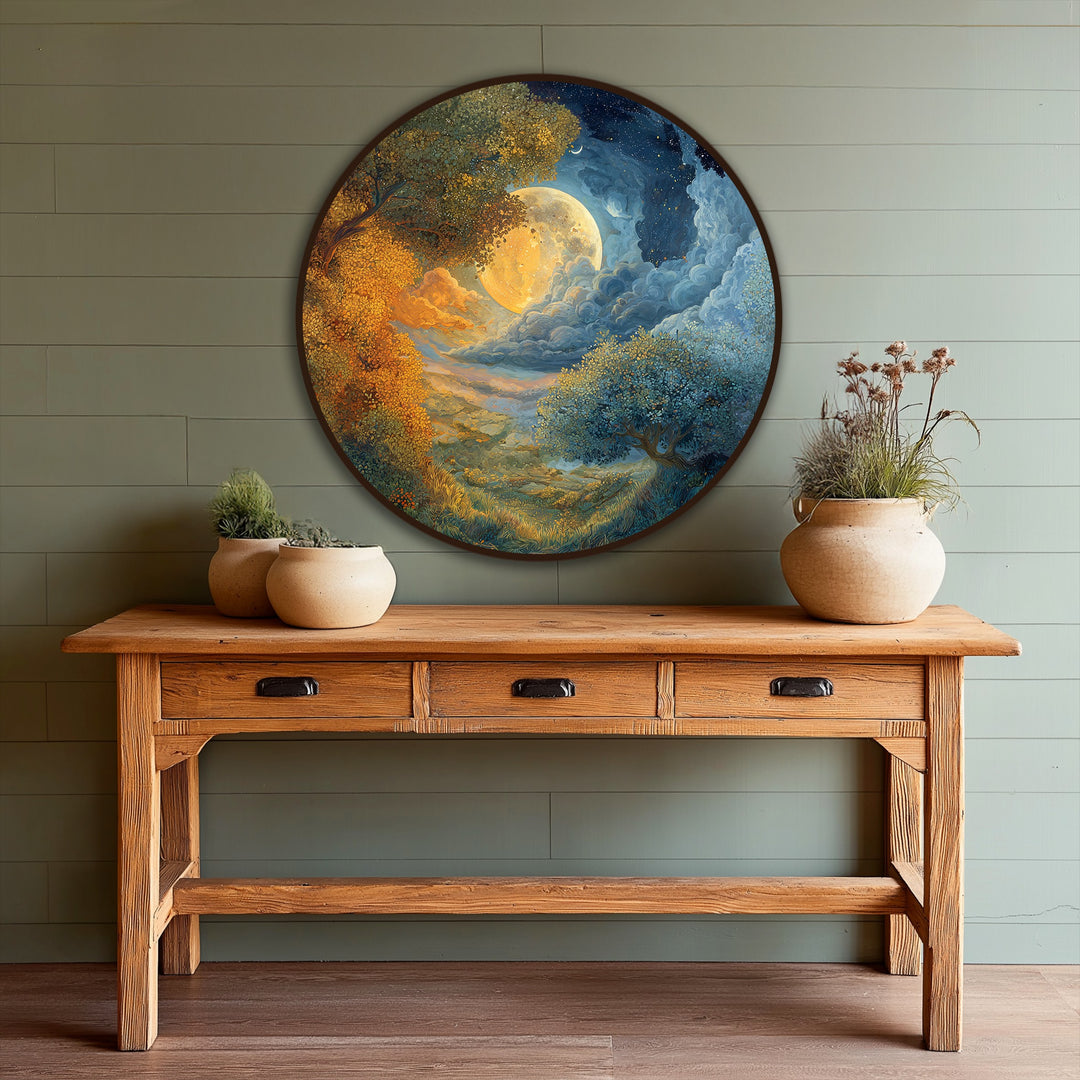 Visual rhythm emanates from this moonlit harmony dreamlike landscape oil painting art, depicting a seamless transition of light and color.