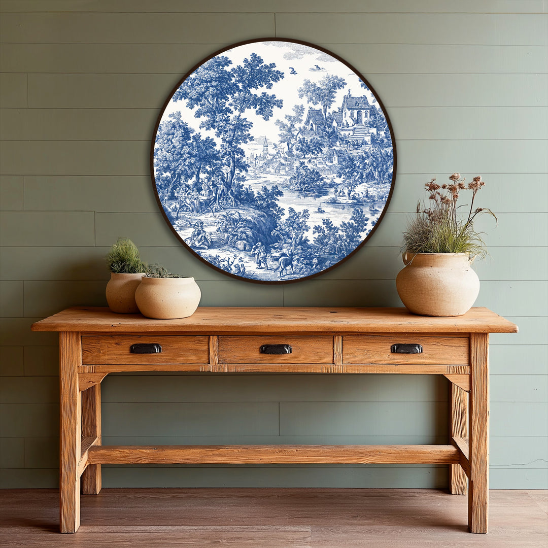 Detailed brushstrokes define the finish of this classic blue toile countryside round oil painting decoration, enhancing the painting's rustic charm.