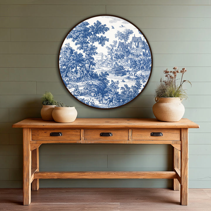 Detailed brushstrokes define the finish of this classic blue toile countryside round oil painting decoration, enhancing the painting's rustic charm.