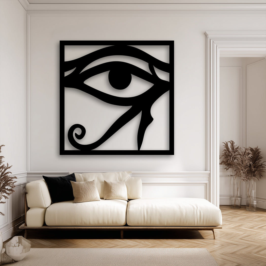 A luminous, off-white room showcases stunning black Eye of Horus decorative metal art, symbolizing ancient Egyptian protection and wisdom.