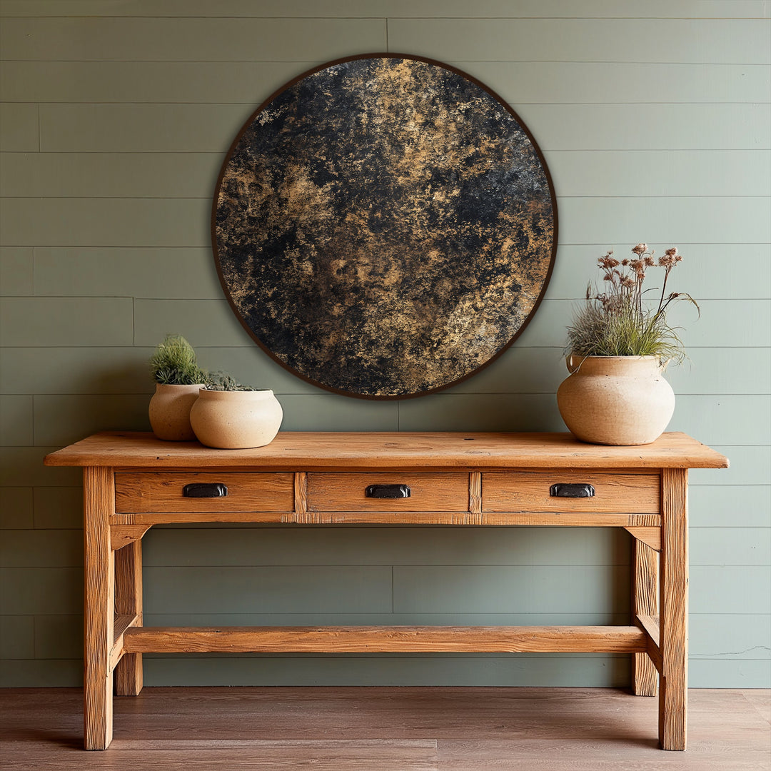 Exhibiting masterful brushstrokes, this golden patina round oil painting showcases a luxurious blend of black and gold textures, exemplifying the richness of modern oil painting art.