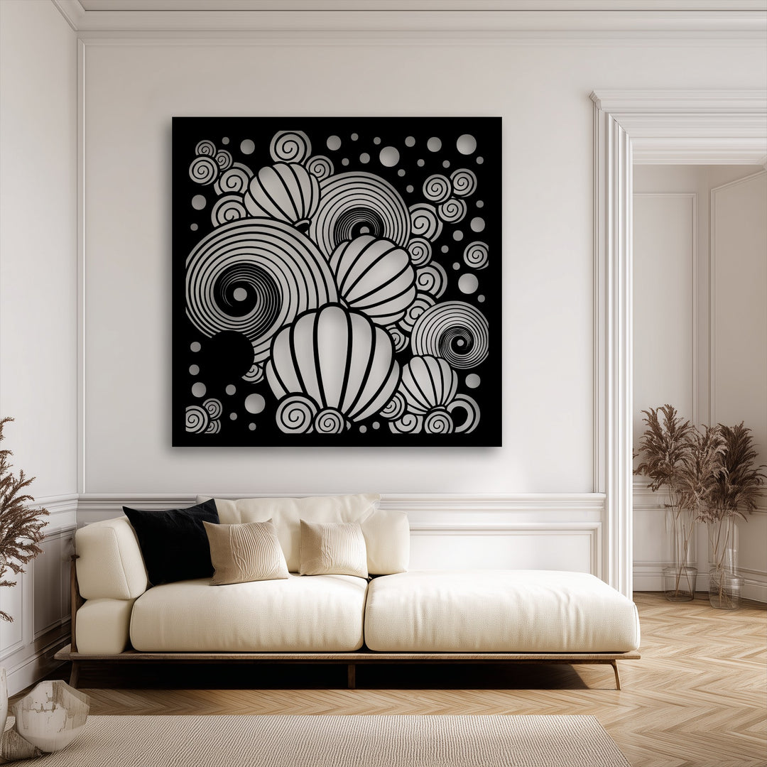 Organic forms of swirling spirals and fluted balloon shapes create dynamic abstract metal wall decor for modern interiors.