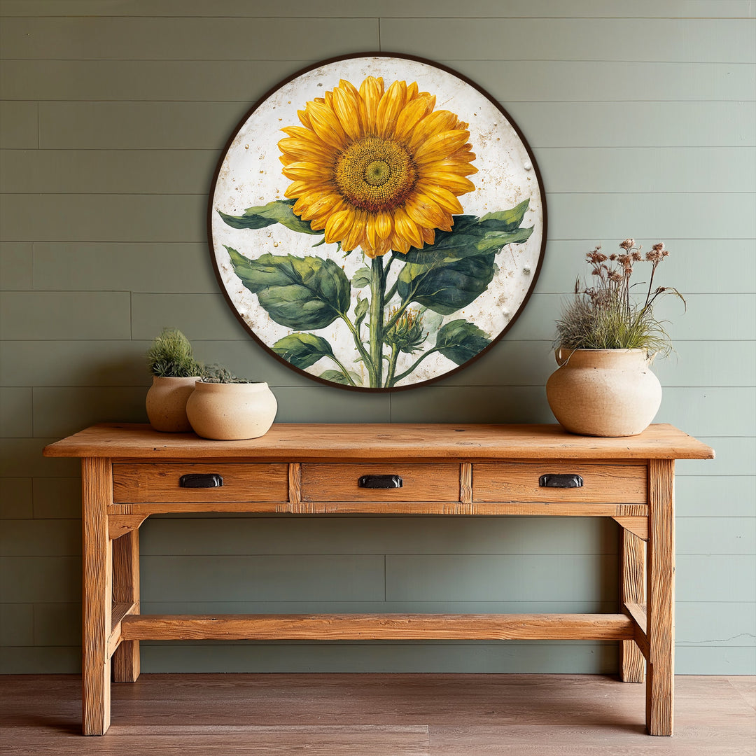 Bold yellow sunflower, presented as oil painting decoration, contrasts against the neutral background and the dark frame in this golden radiance botanical round art.