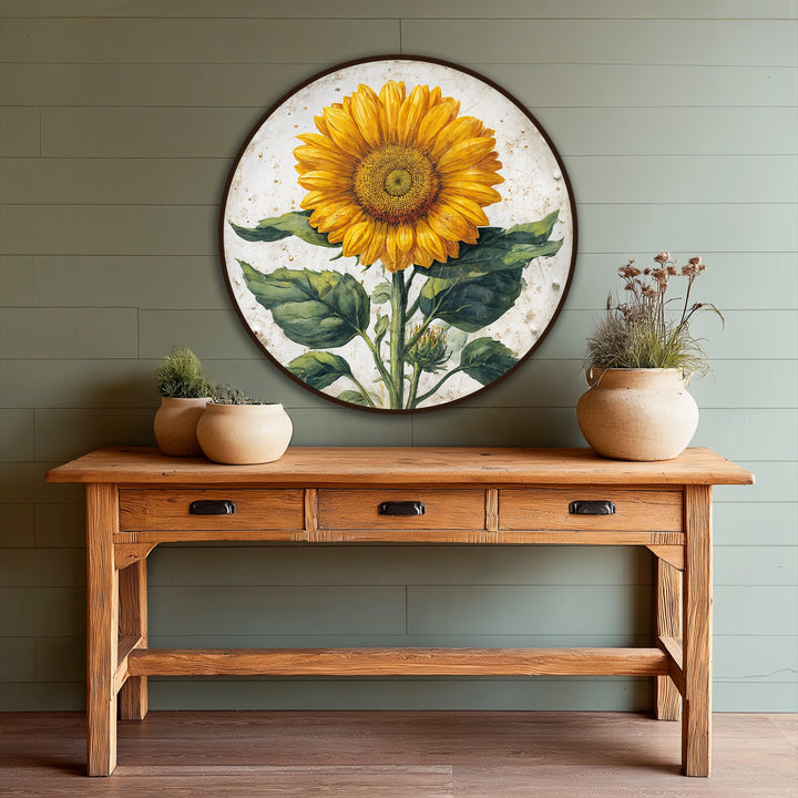 Bold yellow sunflower, presented as oil painting decoration, contrasts against the neutral background and the dark frame in this golden radiance botanical round art.