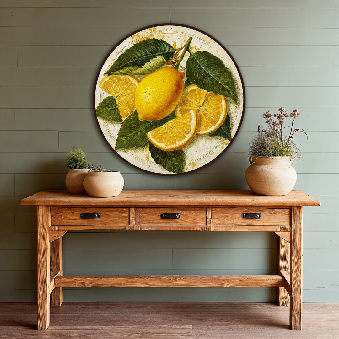 Dramatic shifts in color highlight the realistic lemon still life, creating an eye-catching oil painting decoration with rustic citrus accents and a round frame.
