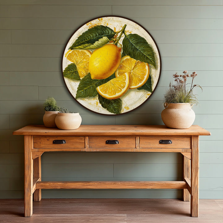 Dramatic shifts in color highlight the realistic lemon still life, creating an eye-catching oil painting decoration with rustic citrus accents and a round frame.