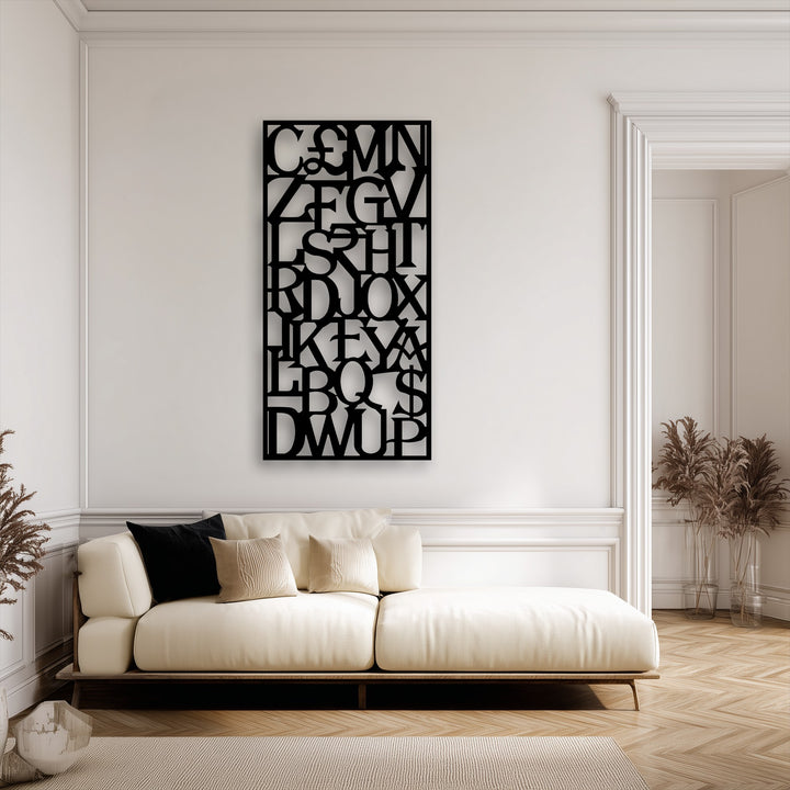 The striking vertical abstract alphabet grid metal artwork with modern typography commands attention on a pristine wall.
