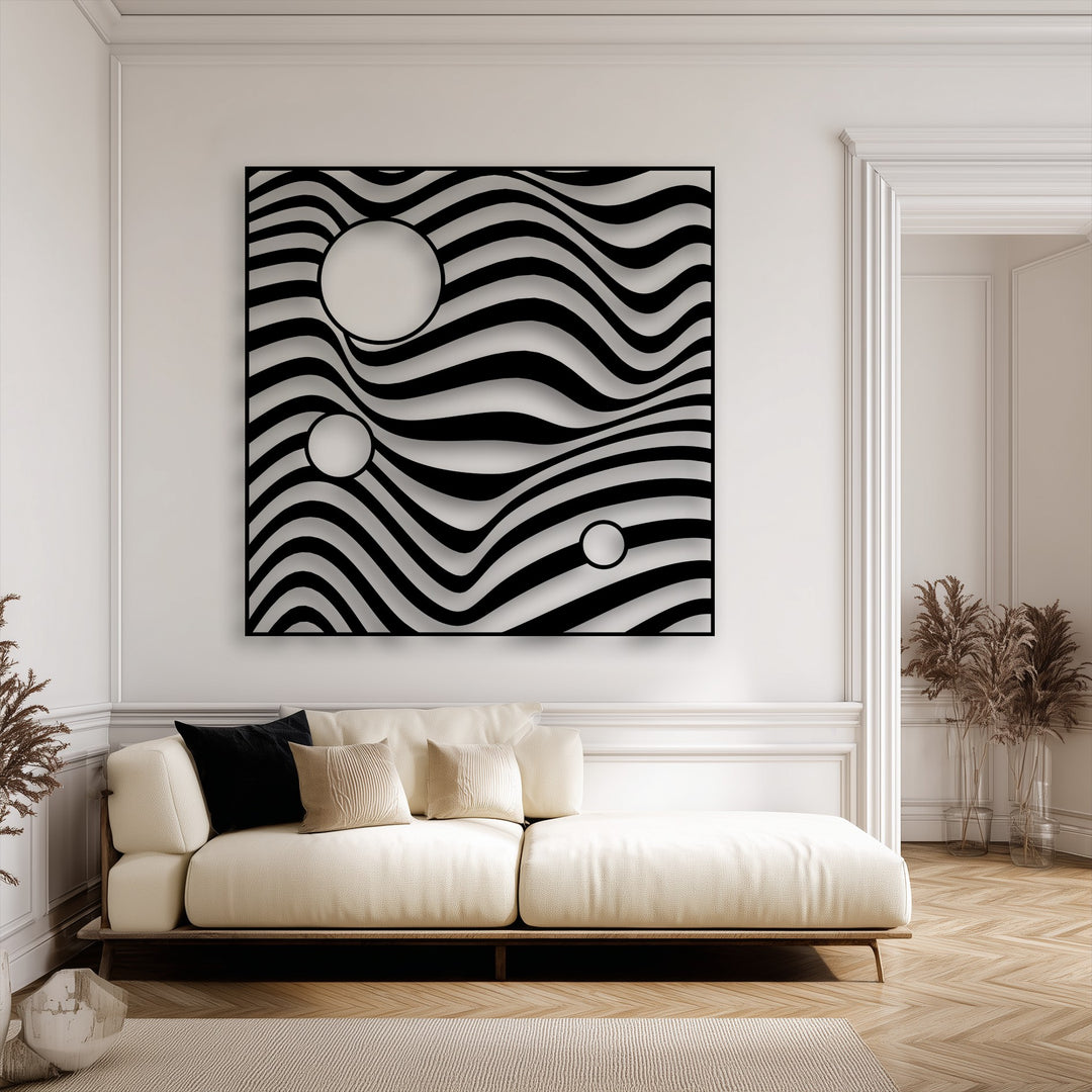 Visual rhythm flows through this abstract wave geometry metal decoration wall art with undulating black and white lines and circular cutouts.
