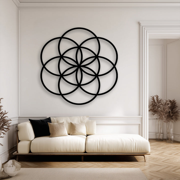 Showcasing striking depth and layers, the Sacred Balance Flower of Life geometric decorative metal art offers a captivating visual.