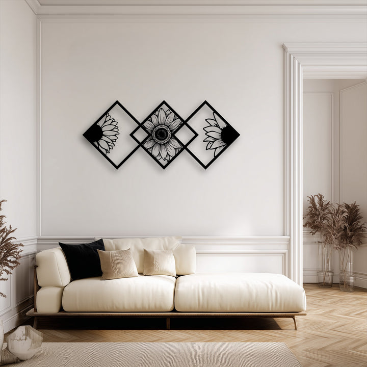 Prominent black geometric sunflower decorative metal art panels create a striking focal point on a neutral wall above a beige sofa.