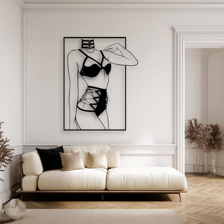 The stillness of the minimalist female silhouette metal art for wall provides a calm, artistic focal point in a serene modern room.