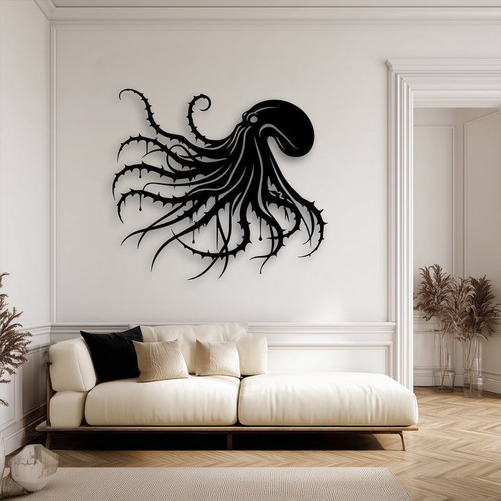 Dramatic color contrast highlights a dark octopus metal wall decor against a stark white wall, creating gothic ocean art.