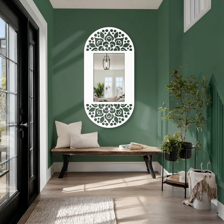 Flowing patterns in this stained glass wall mirror create a sense of movement, while the mandala floral oval floor mirror adds dynamic symmetry to the entryway.