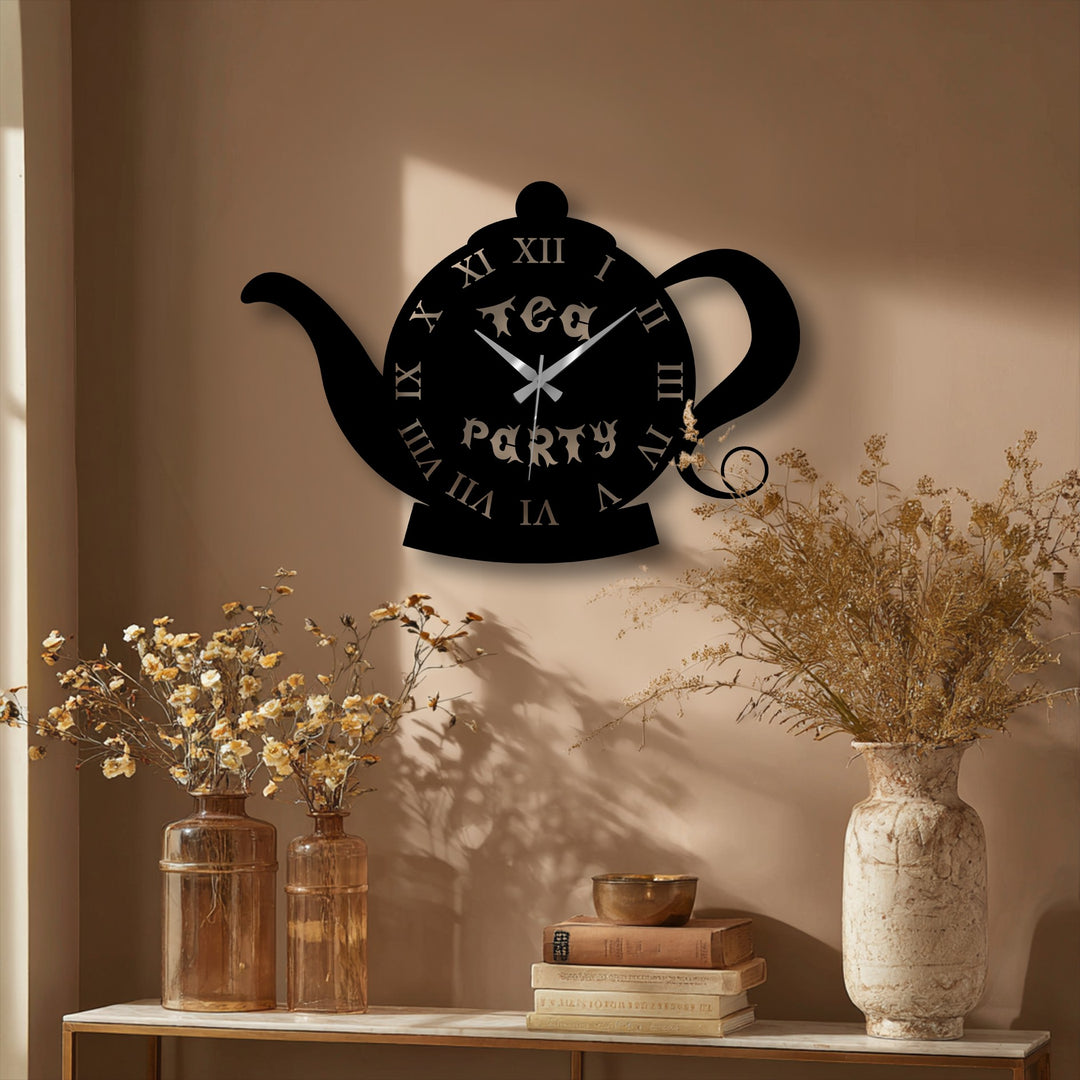 Muted color saturation enhances the retro charm of the teapot shape metal artwork wall clock, adding a vintage touch to any room.