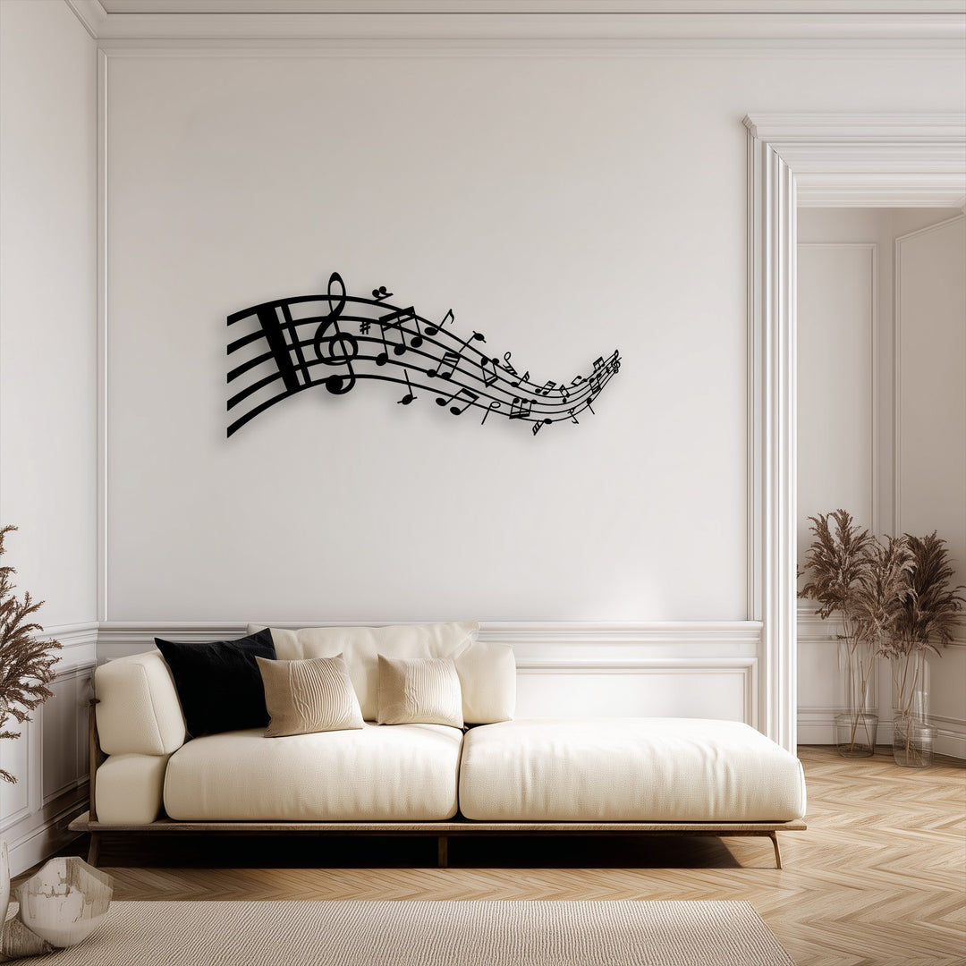 The abstract quality of the flowing musical notes and treble clef forms a unique metal wall art piece against a minimalist white wall.