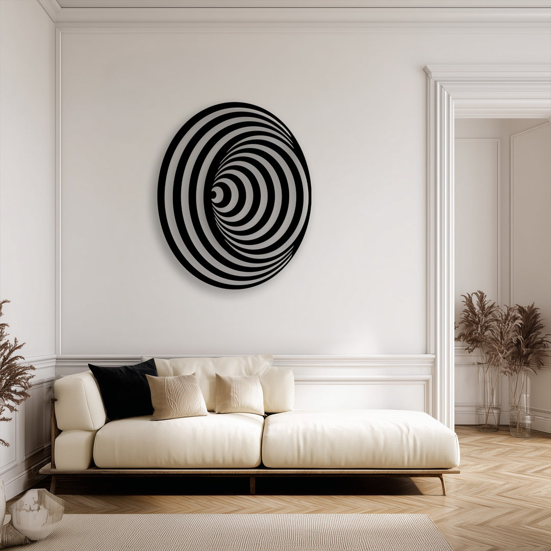 The superior material quality of this hypnotic spiral circle metal art for wall offers a durable and striking modern geometric illusion.