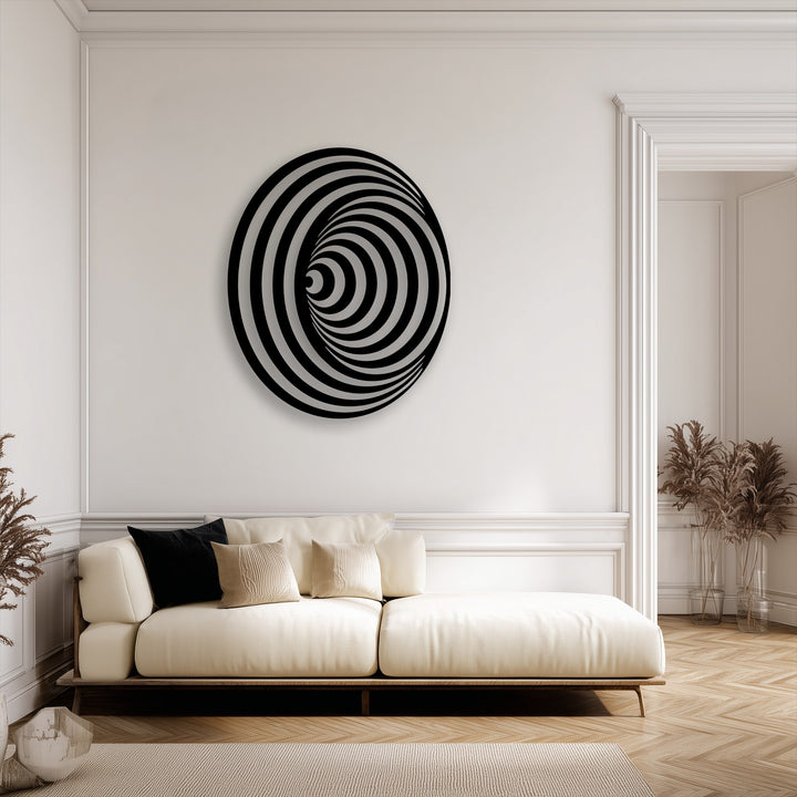 The superior material quality of this hypnotic spiral circle metal art for wall offers a durable and striking modern geometric illusion.
