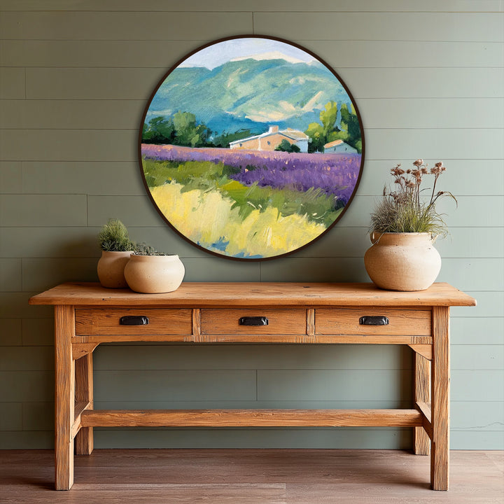 Painted with a serene background of soft mountains and a distant countryside house, this lavender horizon retreat captures the essence of Provence in oil painting wall art.