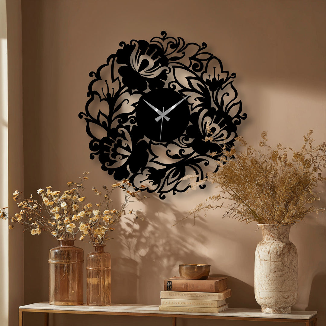 Subtle light and shadow enhance the bloom garden metal artwork wall clock’s elegant floral cutouts, casting delicate patterns on the wall behind.