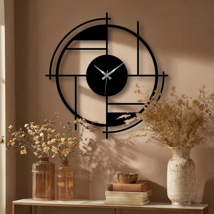 The geometric lines of this decorative metal art clock, with its abstract circle design, create a captivating visual rhythm and modern focal point.