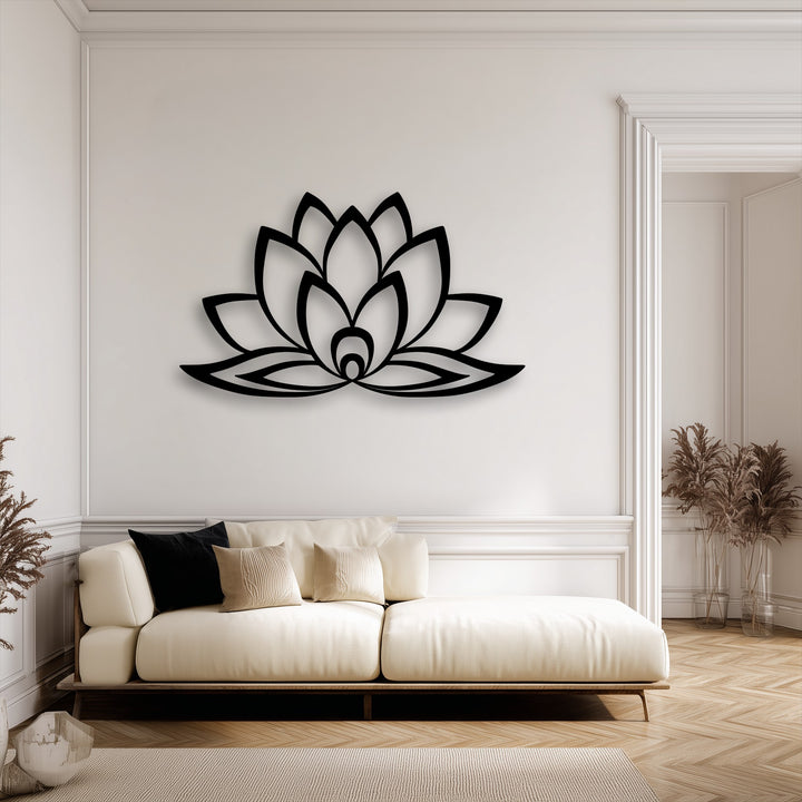 A serene transition of colors highlighting the black Minimal Lotus Bloom unique metal wall art against a soft, creamy white wall.