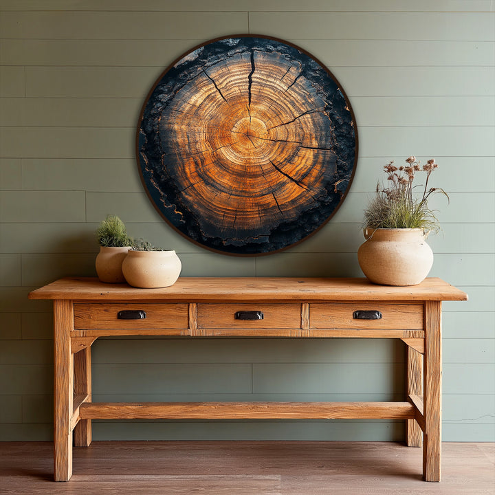 Illuminating the room, the brightest area of this eternal rings rustic tree core oil painting art piece glows warmly within the rustic textures.