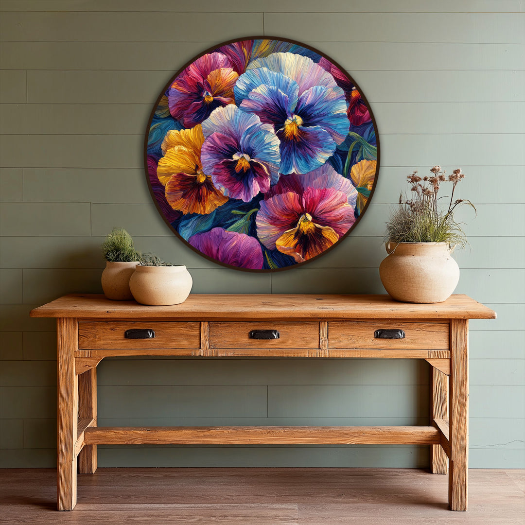 Layers of brushstrokes create depth in this vibrant pansy bloom round oil painting artwork, showcasing colorful floral details with rich textures.