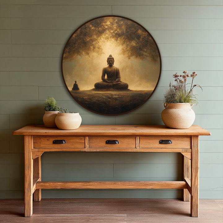 The central subject, a golden Buddha in serene meditation, is depicted in this round oil painting wall art radiating a warm, spiritual ambiance.