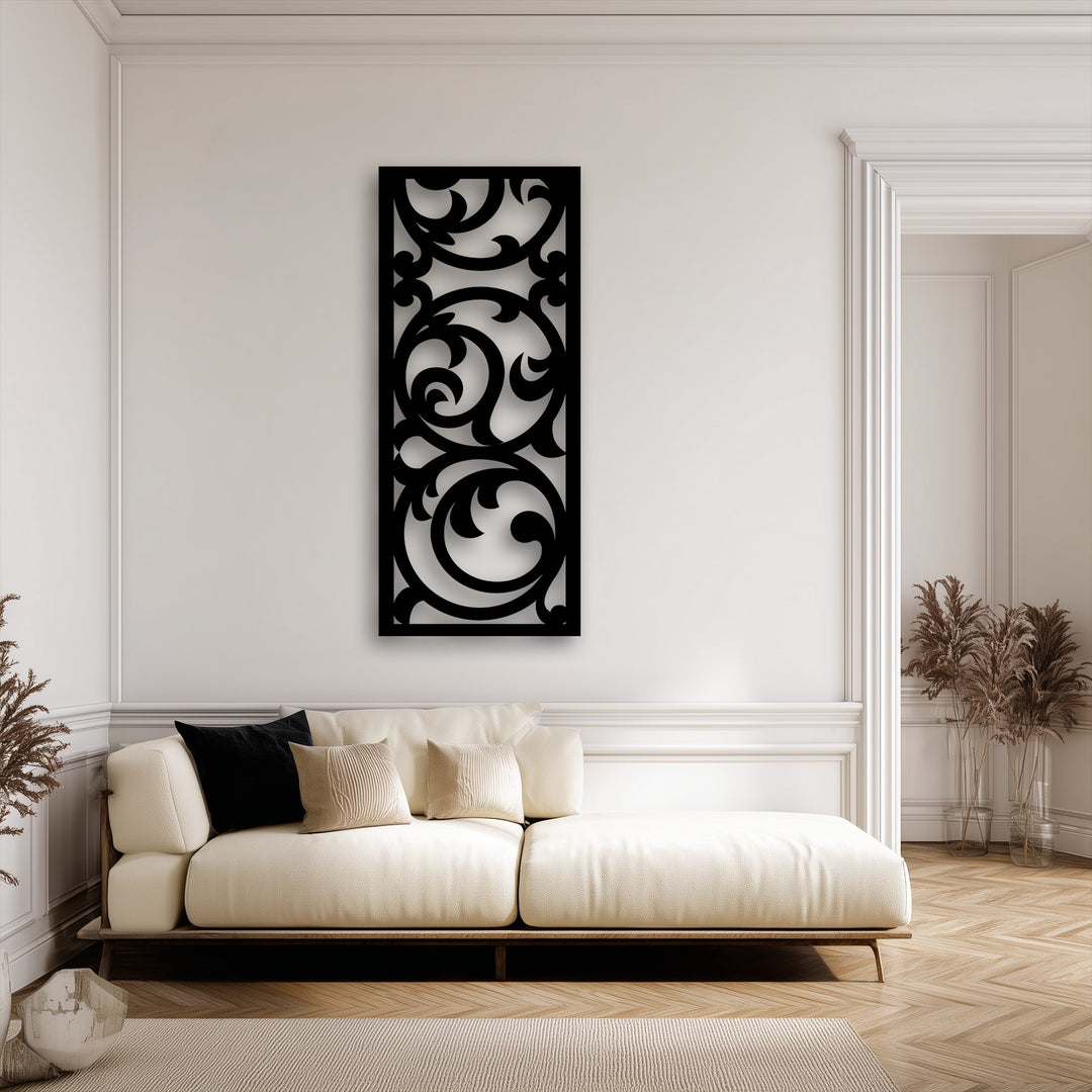 The layering effect of the ornate floral scroll metal wall decor is enhanced by the subtle shadows it casts, creating a dimensional baroque-inspired design.