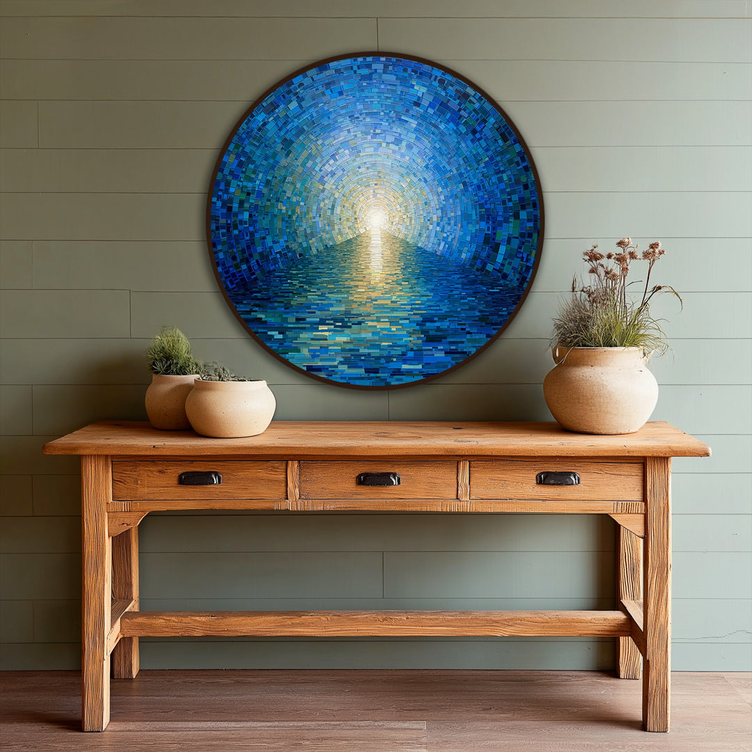 Composed of geometric tiles, the radiant horizon oil painting reproduction print showcases a round mosaic design that evokes an ocean tunnel of blue light.
