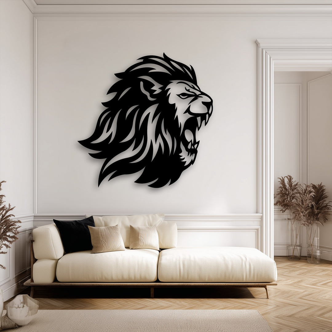 The sharp, artistic edges of the roaring lion head metal artwork powerfully contrast the ornate white wall molding and room borders.