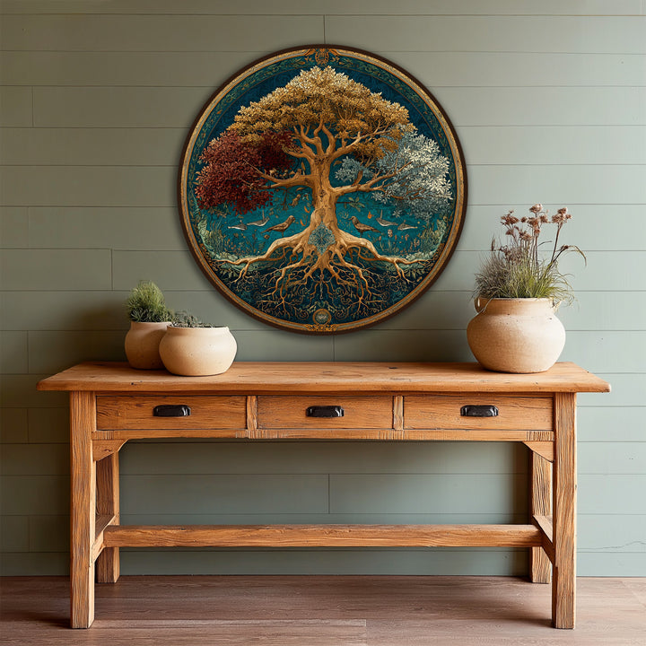 Whirling branches and roots capture the sense of movement within this round oil painting art, depicting a symbolic tree of seasons on wood with birds.