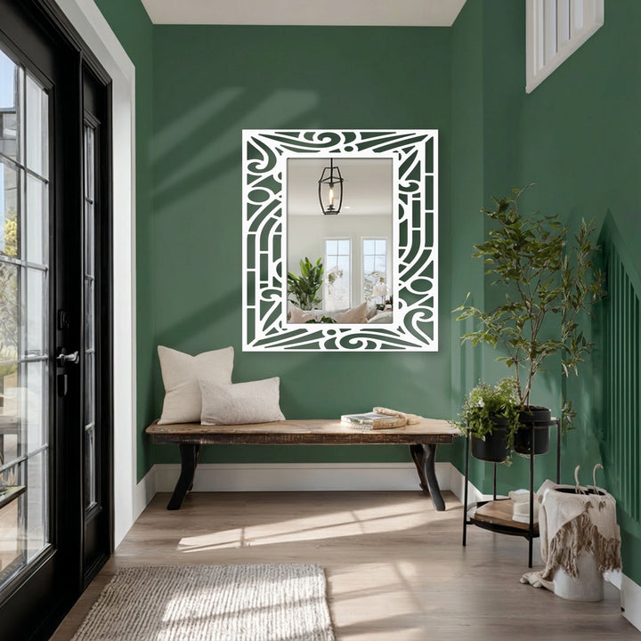 Geometric details highlight the abstract curved line pattern in this frame floor mirror, a modern wall mirrors piece with a black metal design.