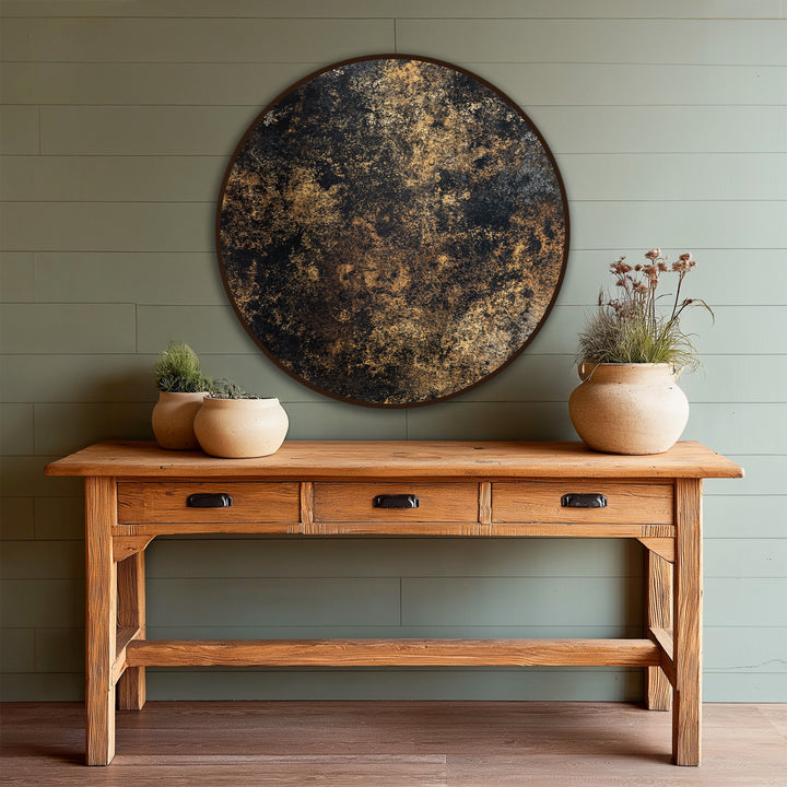 Highlighting the abstract quality, the midnight gold texture presents an engaging oil painting artwork, showcasing a unique round wooden design perfect for sophisticated interiors.