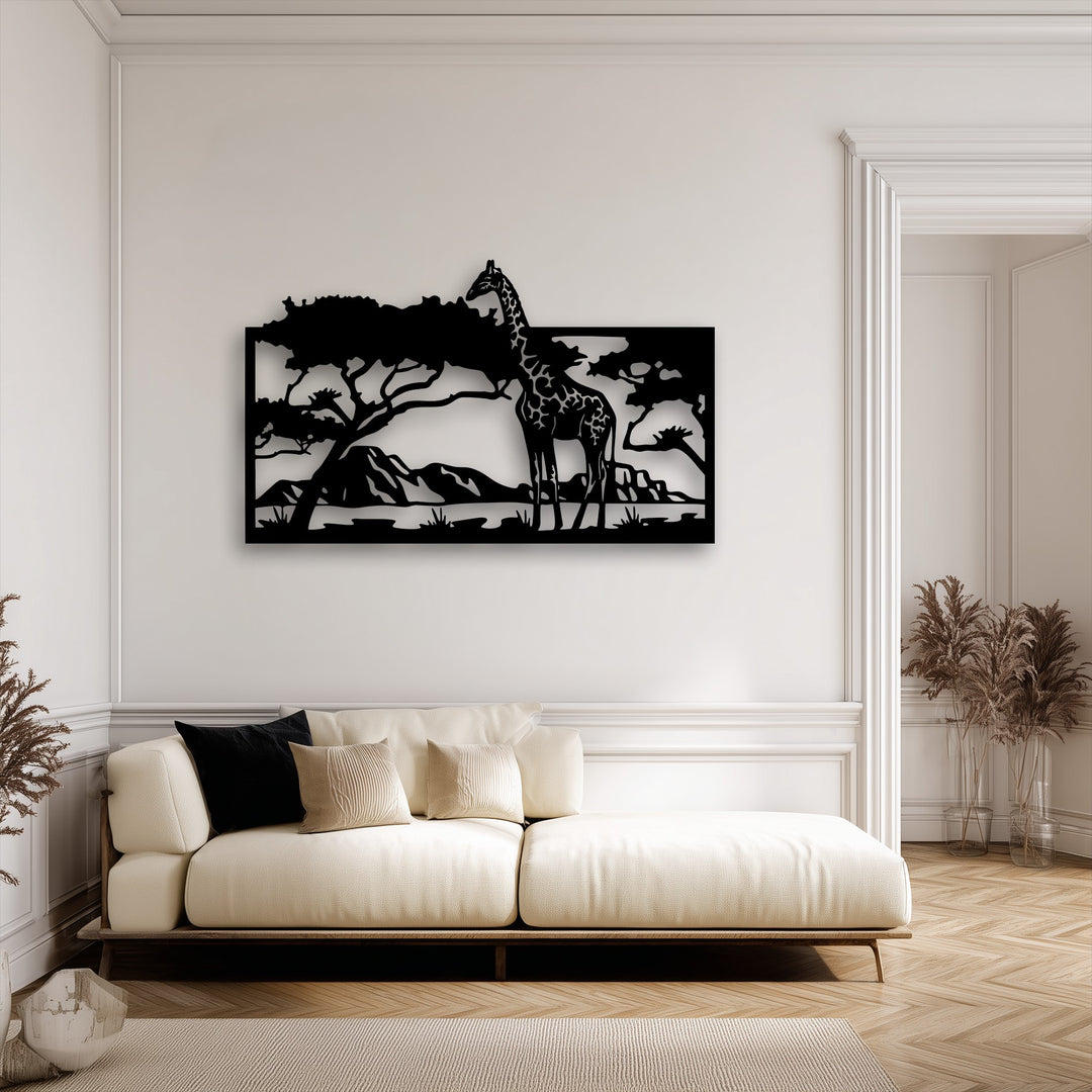 The stillness of a serene savannah scene, featuring a giraffe silhouette, is beautifully captured in this metal decoration wall art.