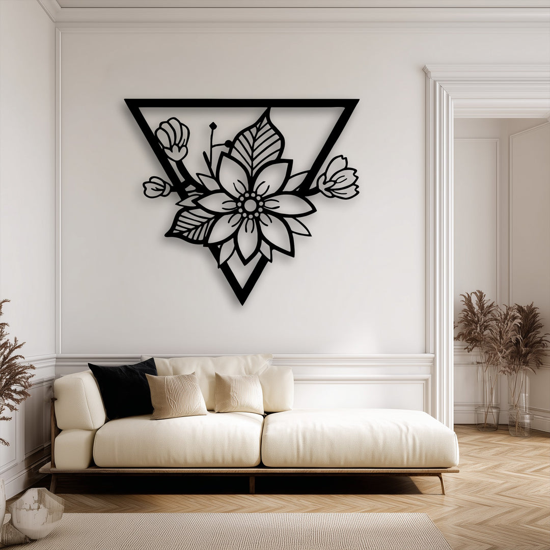 The bright, elegant wall, accented with intricate crown molding, perfectly showcases the geometric floral blossom decoration wall art.