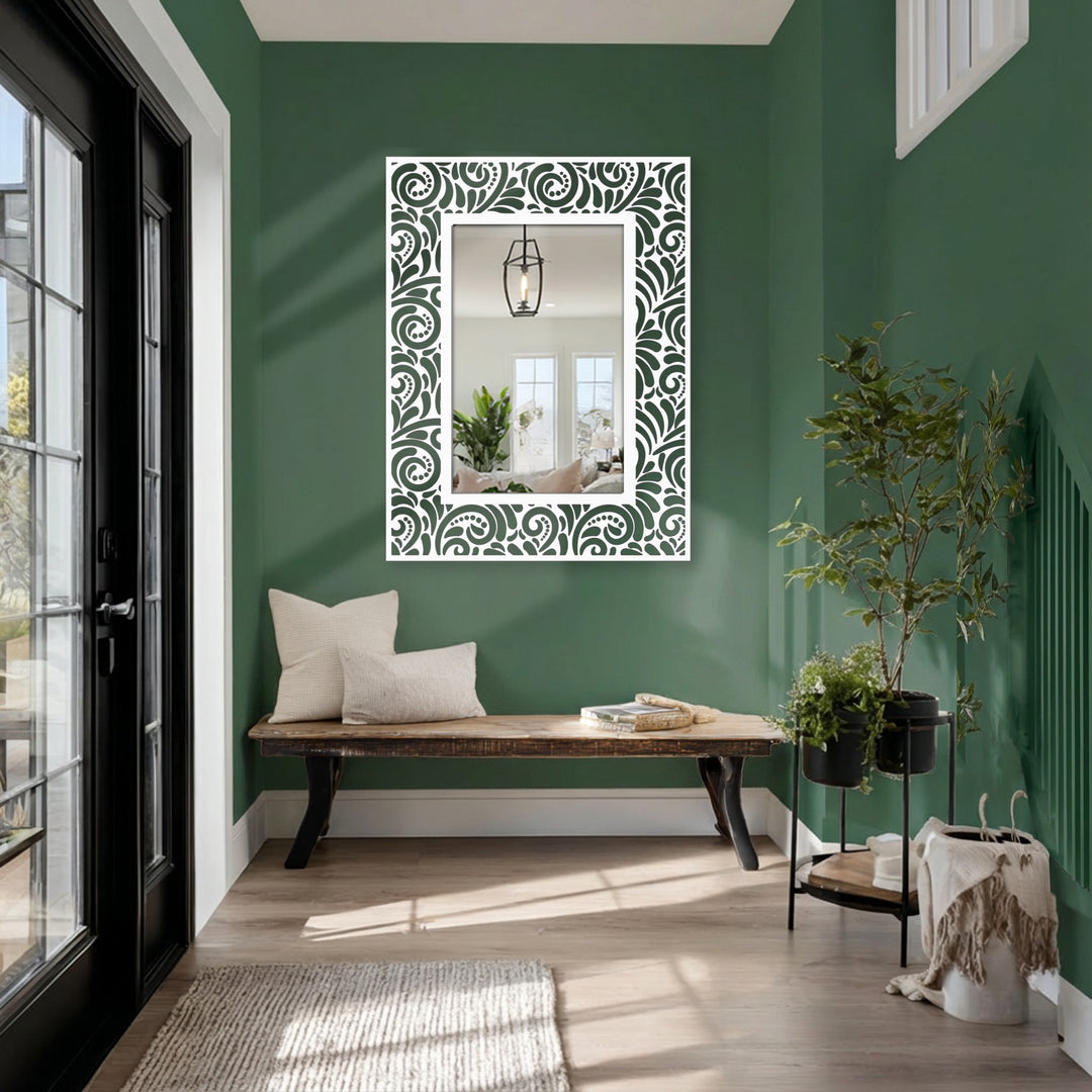 The stillness captures the ornate floral scroll pattern on this rectangular floor mirror, reflecting a quiet domestic scene in a display of modern wall mirrors.