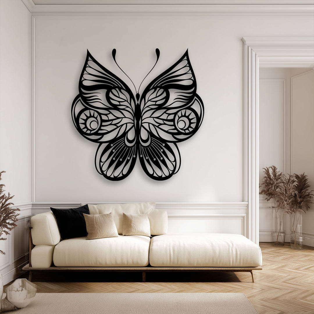 The crisp edge and borders of the ornate butterfly metal wall art highlight its elegant design, serving as sophisticated decoration wall art.