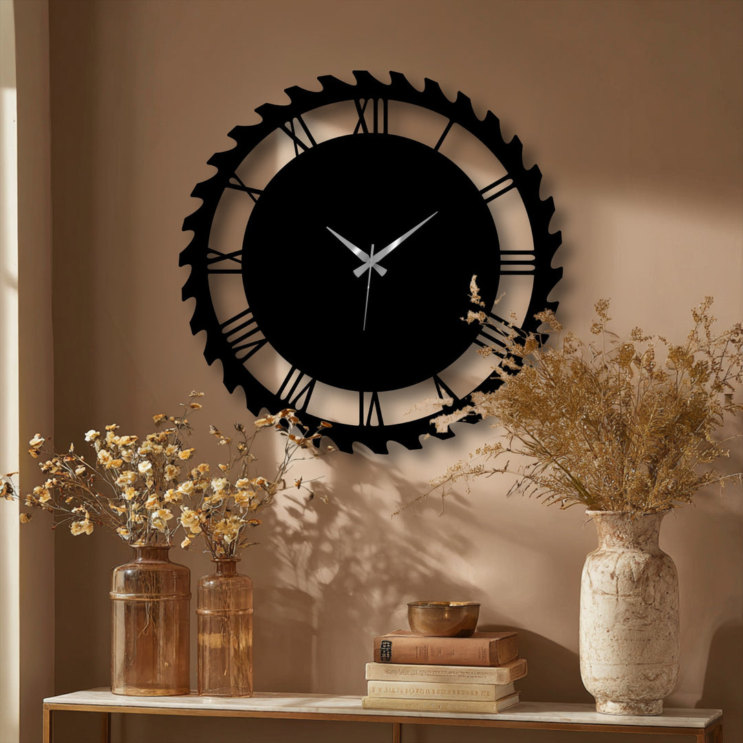 Negative space brilliantly frames an industrial gear style metal art for wall clock with striking Roman numerals.