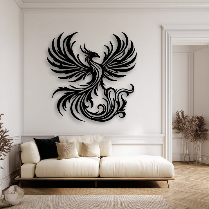 The dramatic mood of this elegant space is elevated by a striking Phoenix metal artwork with bold wings and flowing details.