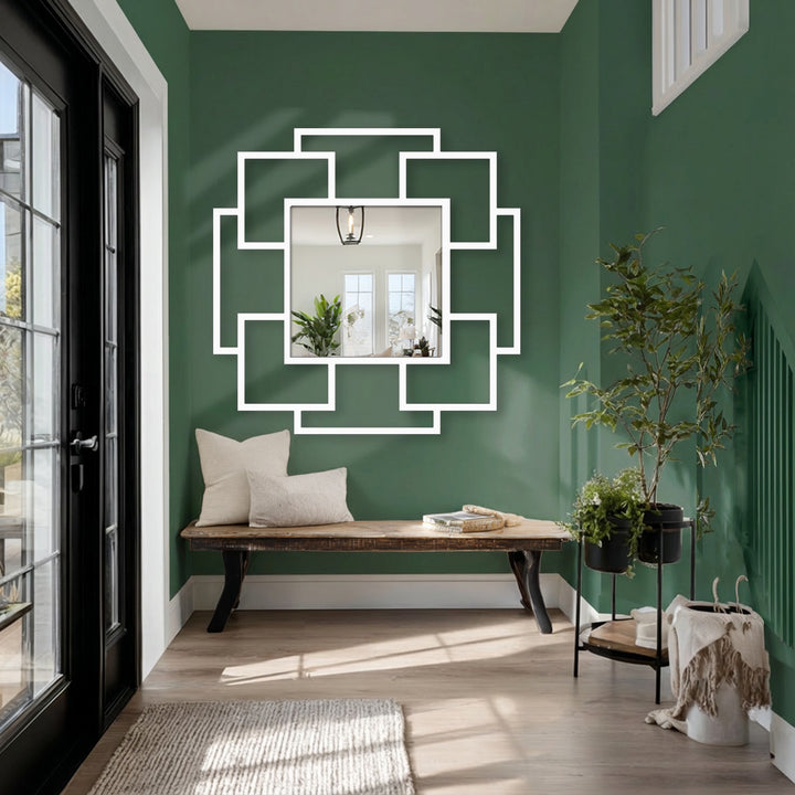Square decorating with wall mirrors adds visual interest with its unique geometric design, offering a fresh take on traditional mirror orientation and shape.