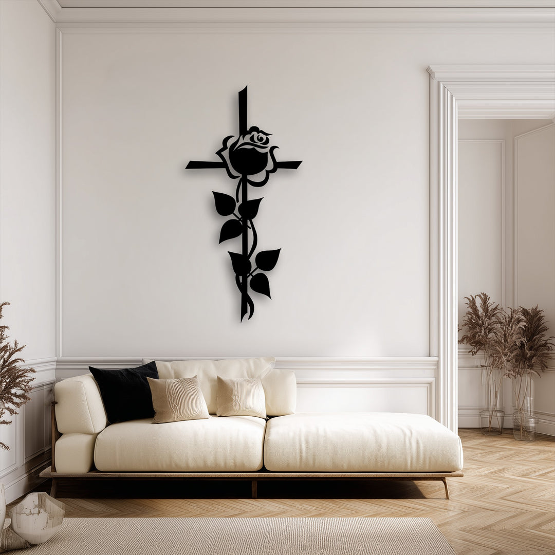 The sleek, matte black finish of this spiritual floral rose cross decorative metal art creates a striking silhouette.