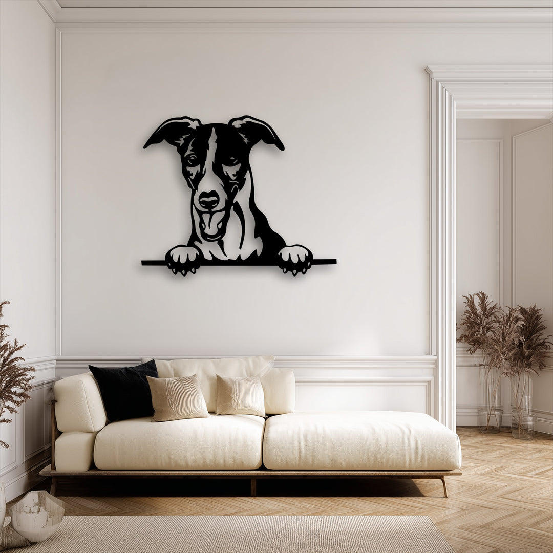 Creamy white walls beautifully highlight the curious puppy peeking metal decoration wall art displayed above a cozy cream sofa.