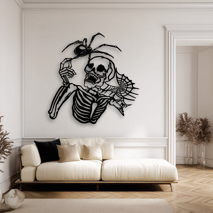 Sharp geometric forms define the gothic skeleton and spider metal wall decor, enhanced by the room's structured moldings and herringbone floor.