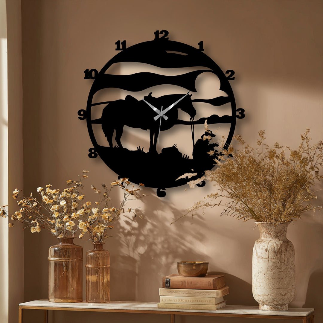 Experiencing the layering effect, this metal artwork clock showcases a cowboy horse silhouette against a rustic landscape, adding depth to any home decoration.