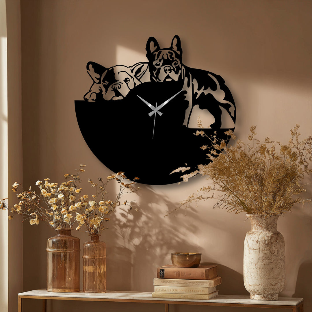 Displaying depth and layers, the bulldog duo metal artwork in this modern dog design wall clock offers an intriguing layered visual effect.