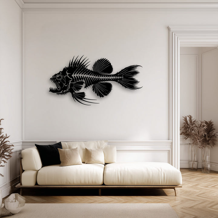 Elegant white wall molding and doorway borders elegantly frame a living space, featuring a striking predator fish skeleton decorative metal art.