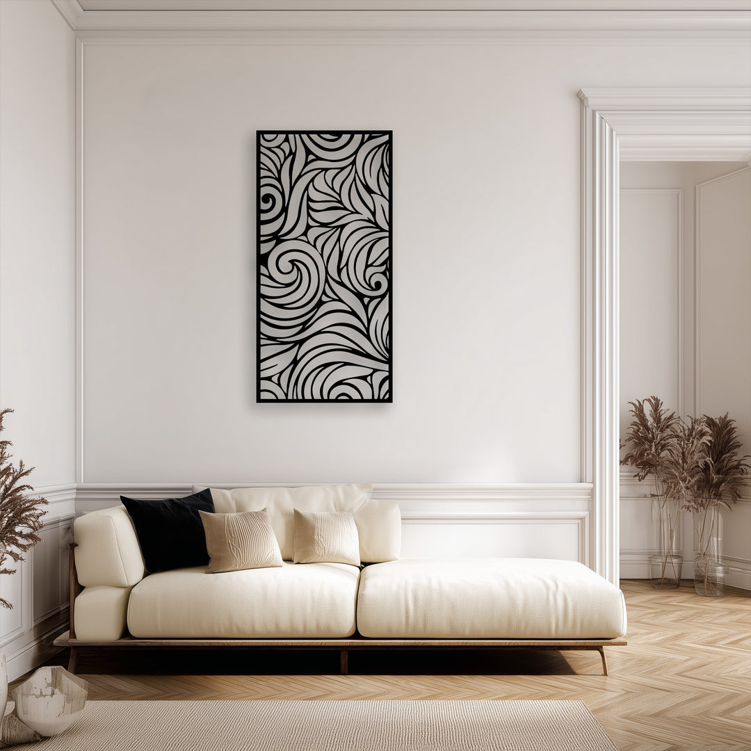 The striking geometric composition of flowing lines and bold swirls defines this unique metal wall art abstract swirl panel decor.