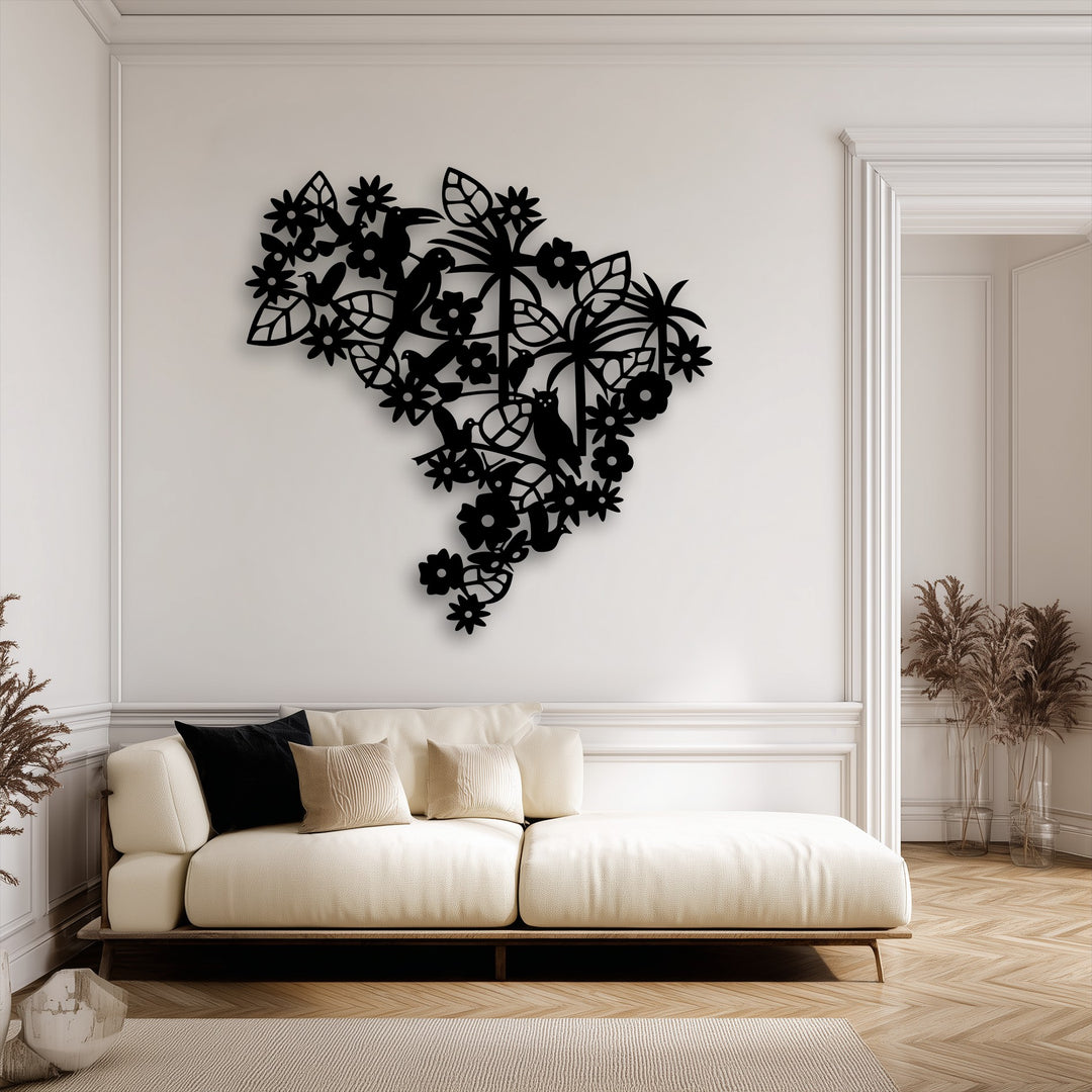 A plush cream rug provides a soft base below the striking Floral Bird Garden metal art for wall, a nature-inspired decorative panel.